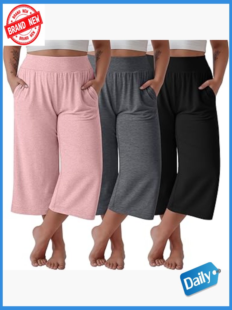 3 Pack Plus Size Wide Leg Capri Pants, Elastic Waist With Pockets